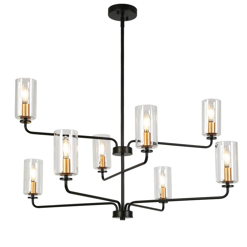 Modern 8-Light Black Gold Chandelier Clear Glass 3-Tier Cylinder Ceiling Lights for Dining Living Foyer - D 37" x H 21"
