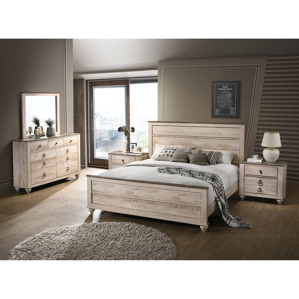 Imerland Contemporary White Wash Finish 5-Piece Bedroom Set-King Bed, Dresser, Mirror, 2 Nightstands