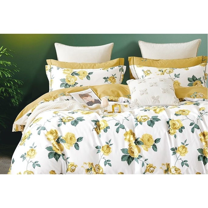 Annistasia Yellow Rose Print Duvet Cover Set Queen