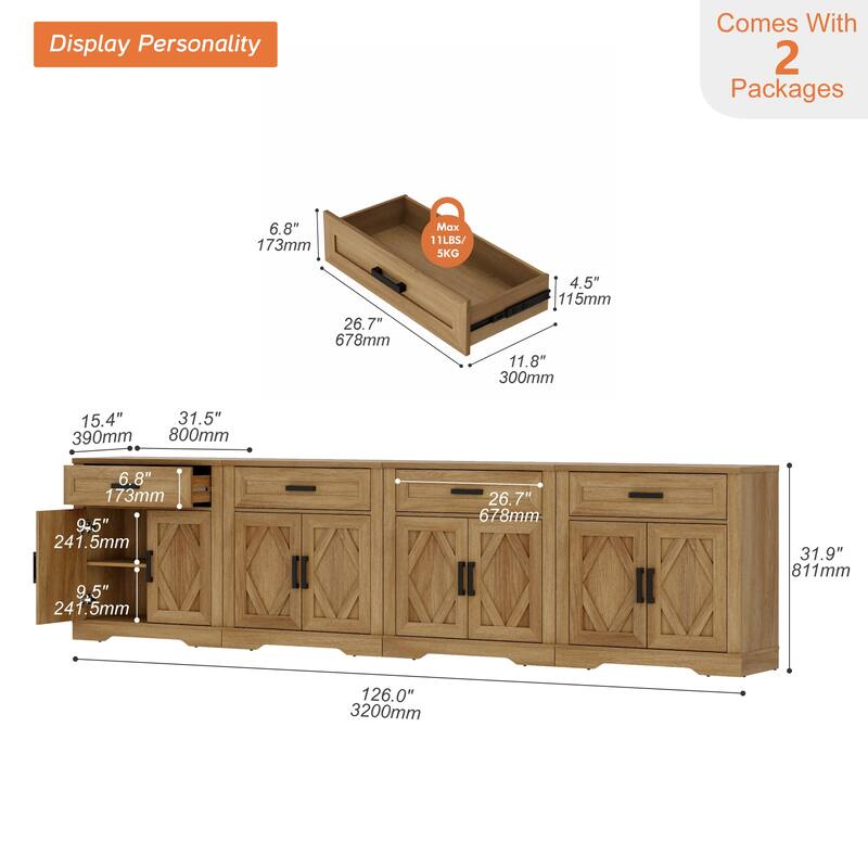 Farmhouse Entertainment Center with Storage Barn Door Cabinet for 50"-130" TVs