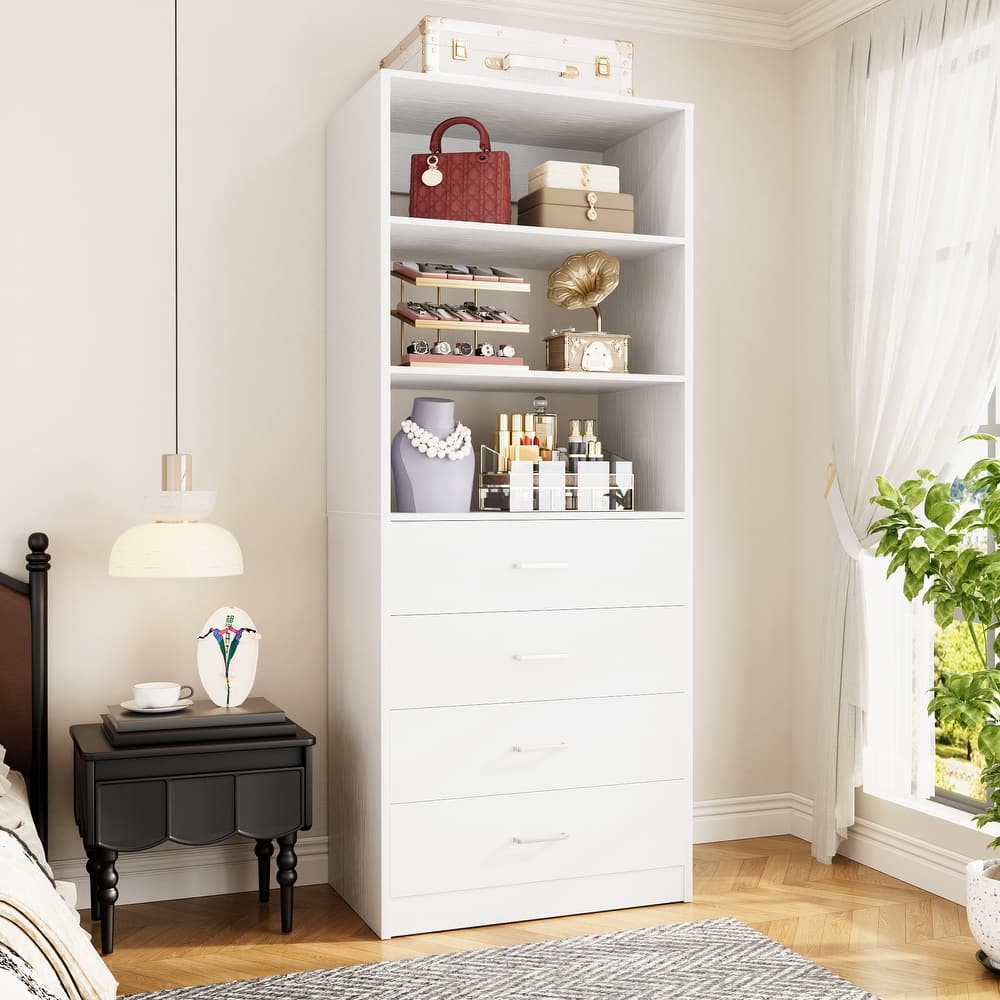 Freestanding Closet Organizer with 4 Drawers and 4 Shelves, Wooden Closet System for Walk-in Closet