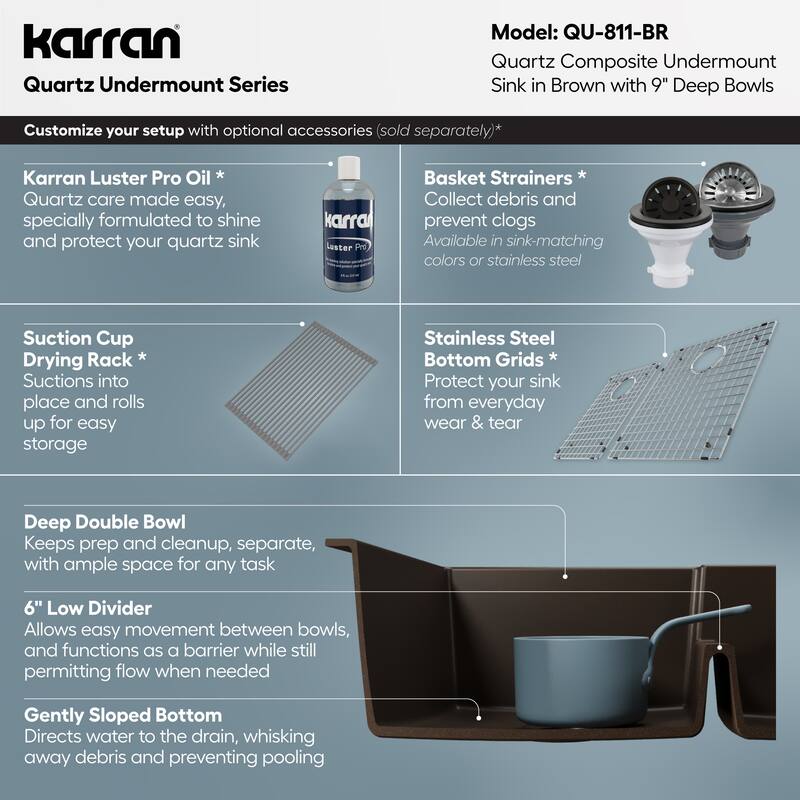 Karran Undermount Large/Small Bowl Quartz Kitchen Sink - 32" x 21.25" x 9" - 32" x 21.25" x 9"