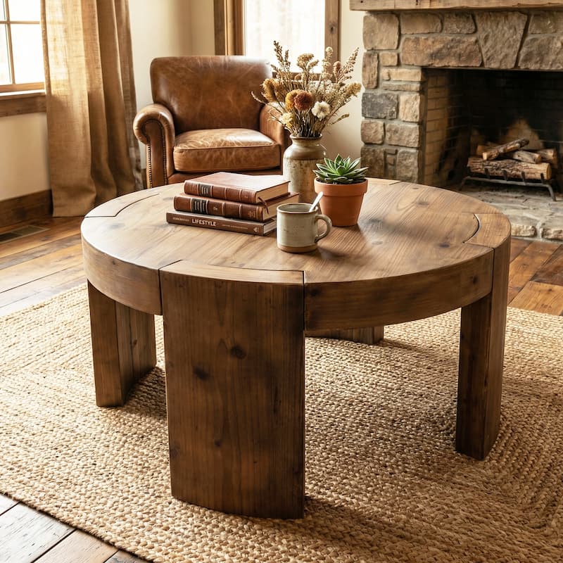 Solid Wood Round Coffee Table, 31.5 Inch Farmhouse Circle Center Cocktail Table