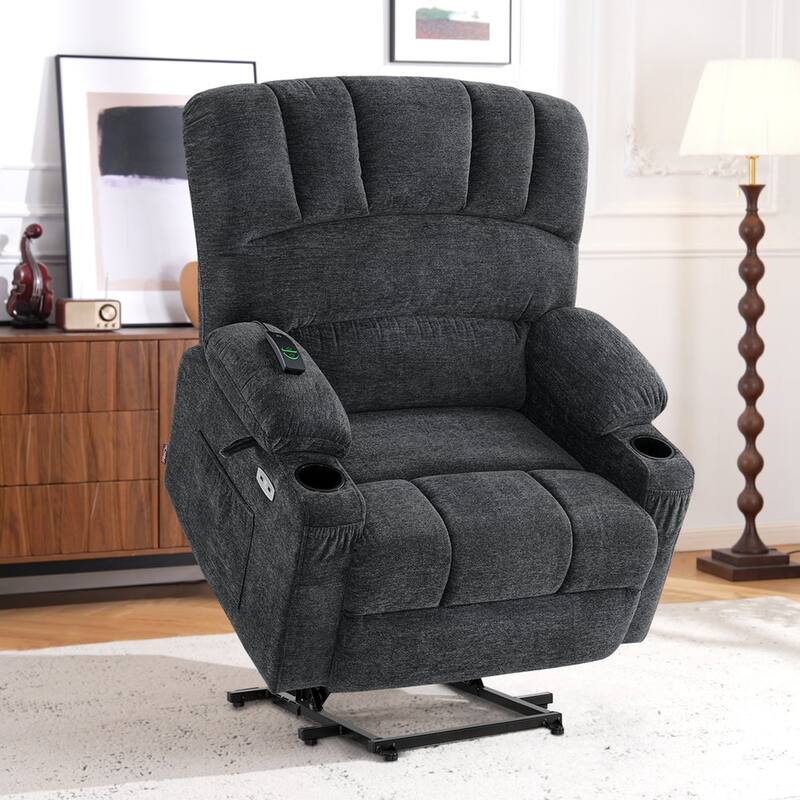 MCombo Power Lift Recliner Chair with Massage and Heat for Big Elderly People, Fabric R7092 (Large-Wide) - Grey