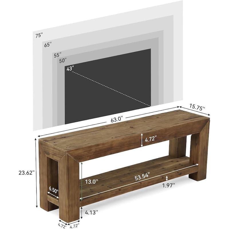 63" Solid Wood TV Stand for TVs up to 75'', 2-Tier TV Console Entertainment Center with Open Storage Shelves