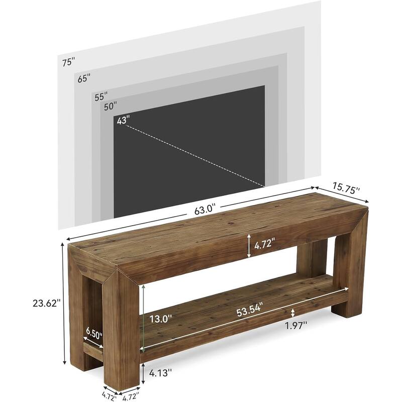 63" Solid Wood TV Stand for TVs up to 75'', TV Media Console Entertainment Center with Open Storage Shelves