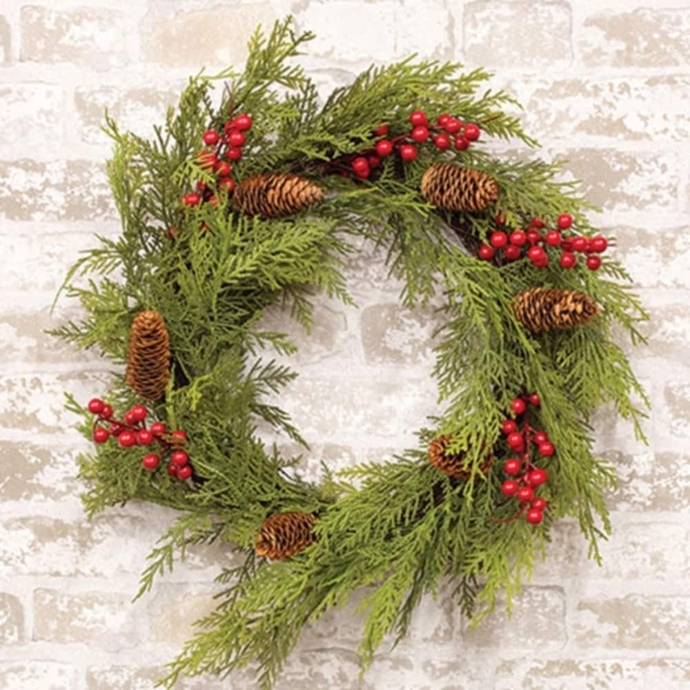 Winter Greenery Cedar and Red Berry Wreath for Front Door 22 Inch