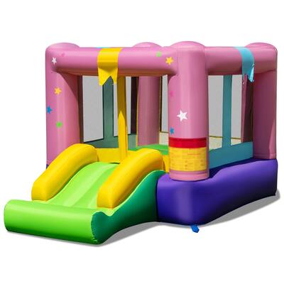 Multi-Color Outdoor and Indoor Kids Inflatable Bounce House with Slide Basketball Hoop and Safety Mesh