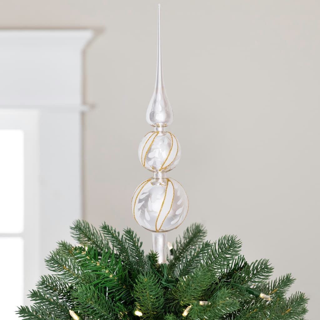 Glittered Glass Finial Christmas Tree Topper - 14.5" - Silver and White
