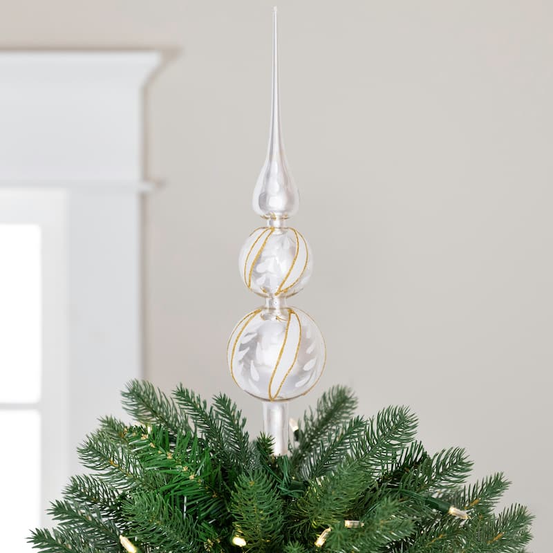 Glittered Glass Finial Christmas Tree Topper - 14.5" - Silver and White