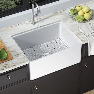 Kitchen Sink Rectangular White Ceramic Sinks Grid Single Bowl 24