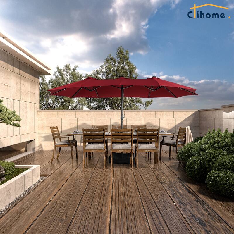 Clihome 15FT Double-Sided Solar Light Market Crank Umbrella with Base