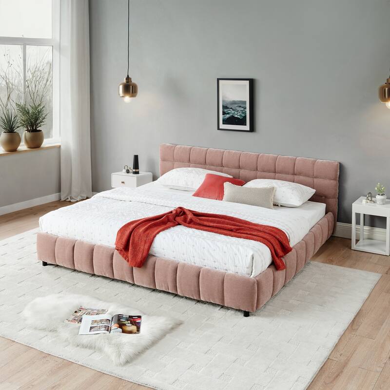 Block Thick Chenille Low Profile Platform Bed Fabric Upholstered Bedframe with Headboard Solid Wood Frame - Optional Storage Bed