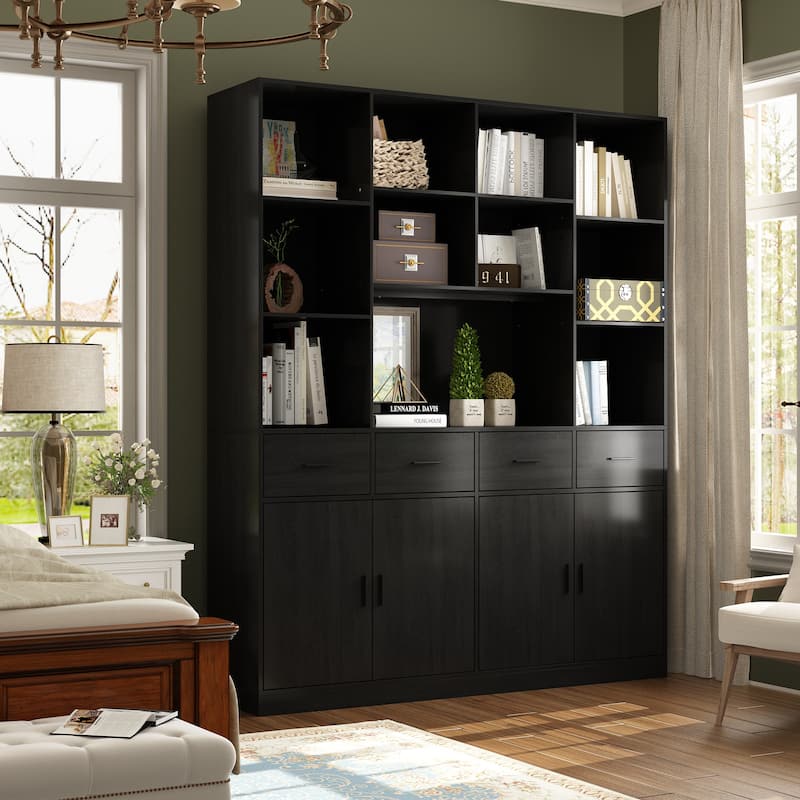 Bookshelf Bookcase with 4 Doors,4 Drawers & Storage Shelve,Black - 78.7"H