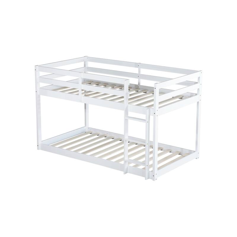 Wooden Twin over Twin Floor Bunk Bed with Ladder ,Upper and Bottom Bed Platforms