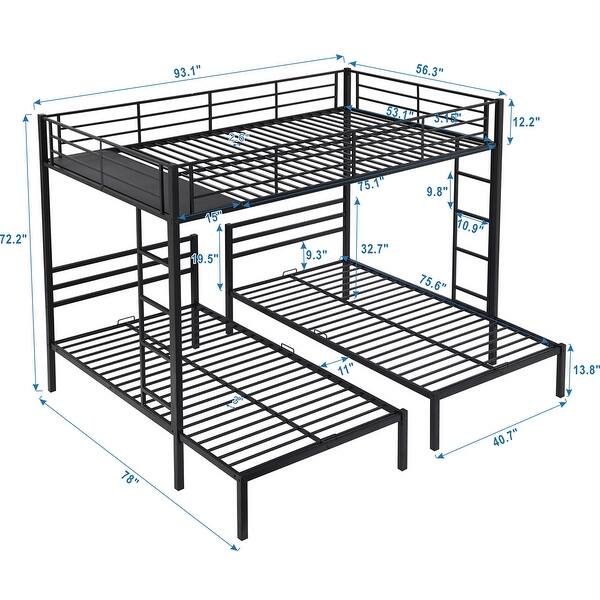 dimension image slide 1 of 2, Full over Twin & Twin Size Bunk Bed with Built-in Shelf in Black