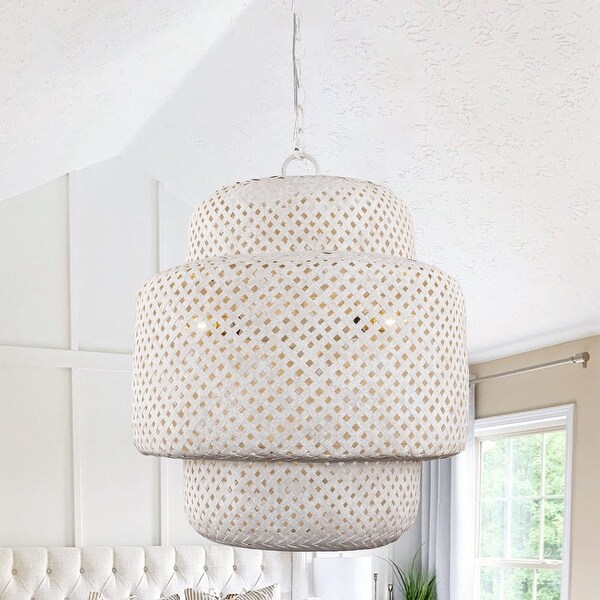 5 Light Bohemian White Woven Bamboo Lantern Chandeliers Off White