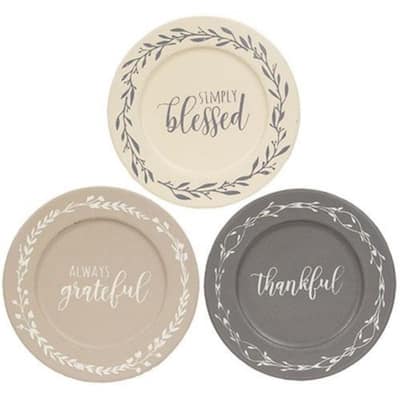 Wooden Always Grateful Floral Plates with Distressed Finish, 3 Asstd - 8.50” L x 8.50” W x 0.50” H
