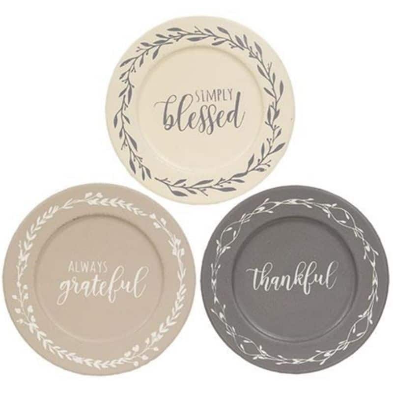 Wooden Always Grateful Floral Plates with Distressed Finish, 3 Asstd - 8.50” L x 8.50” W x 0.50” H