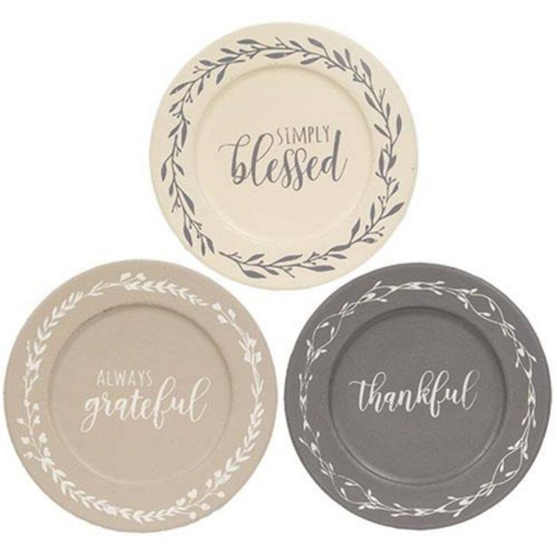 Wooden Always Grateful Floral Plates with Distressed Finish, 3 Asstd - 8.50” L x 8.50” W x 0.50” H - Cream-Tan-Grey