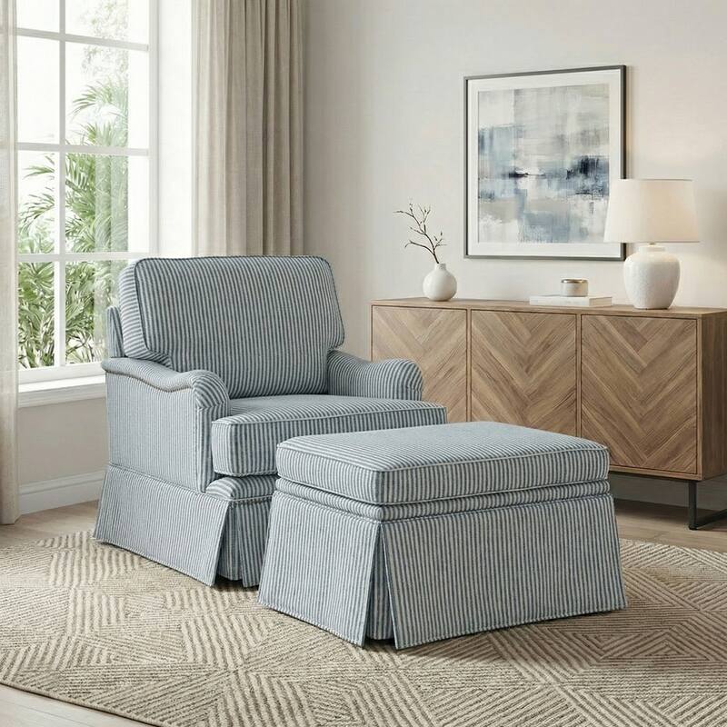 Chenille Swivel Accent Chair Storage Ottoman Set with Nailhead Trim Skirt - Striped Blue