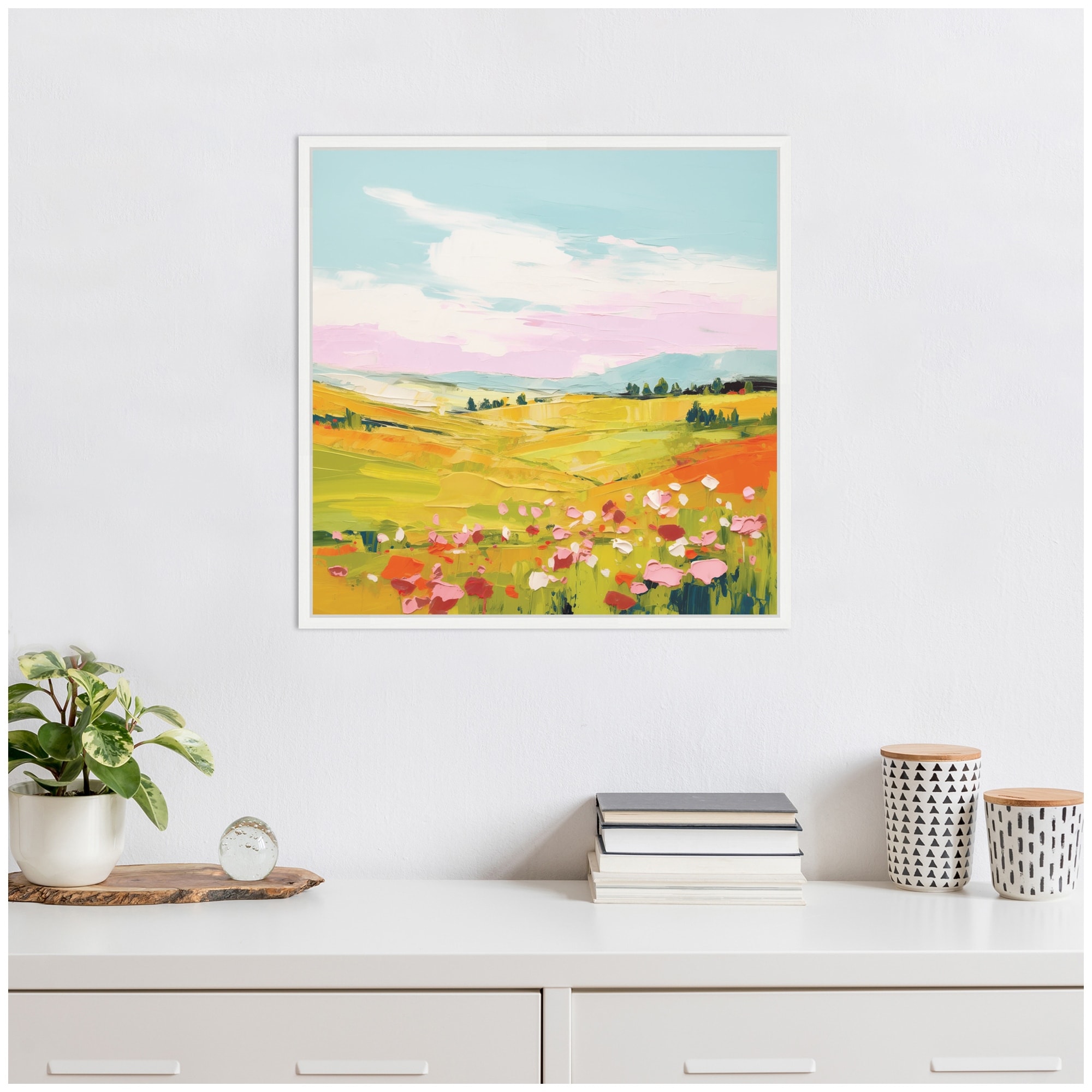 Kate and Laurel Sylvie Colorful Meadow Landscape Framed Canvas by The Creative Bunch Studio