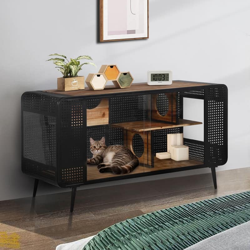 55.12" Spacious Cat House with Tempered Glass for Living Room