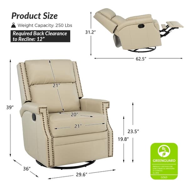 dimension image slide 4 of 13, Echidna 29.6" Transitional Genuine Leather Swivel Rocker Nursery Chair with Nailhead Trim by HULALA HOME