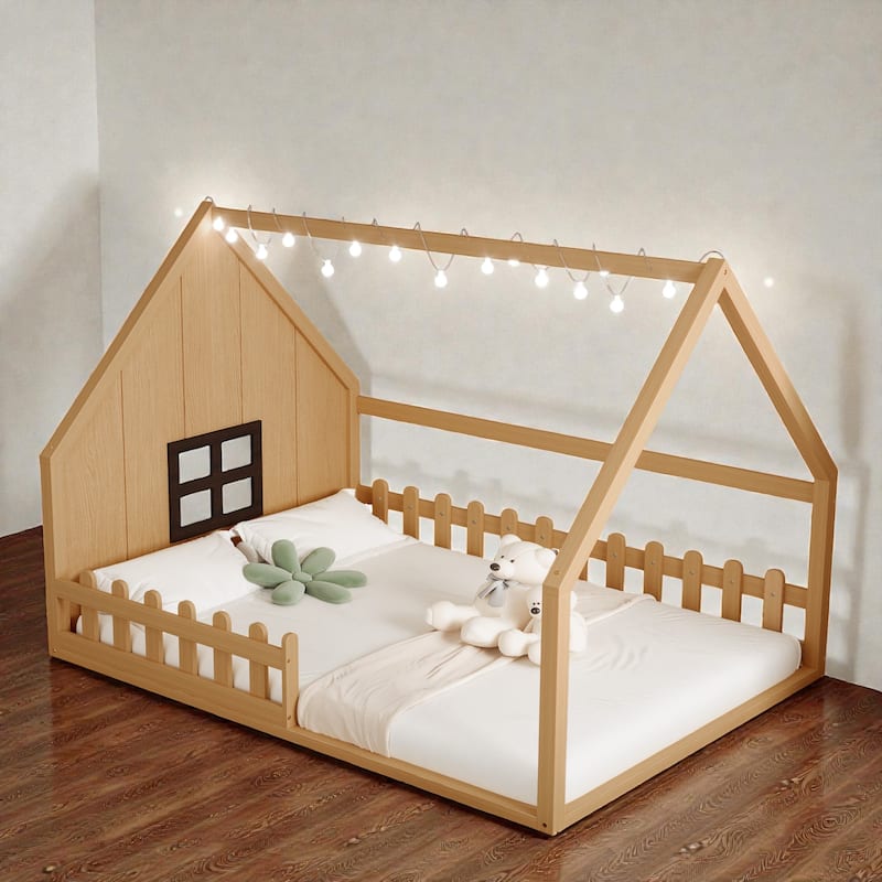 Full Size Wood House Bed with Window, Fence and LED Lights, Rustic Kids Floor Bed Frame - Natural - Full