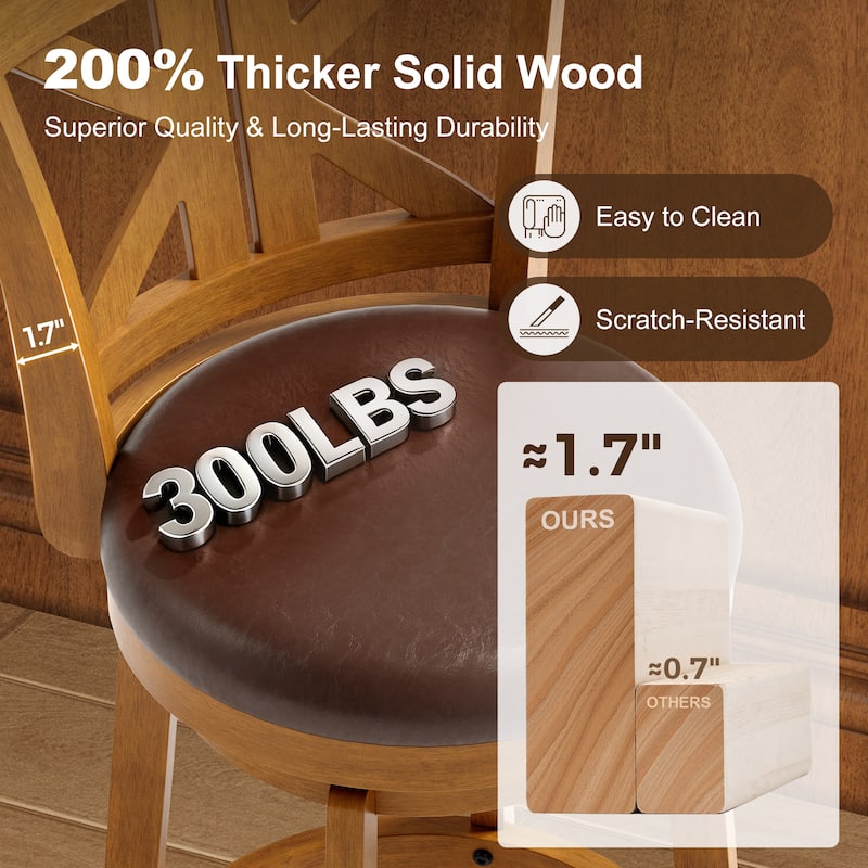 26"/30" Counter Height Bar Stools, Kitchen Wooden Swivel Bar Chairs with Back