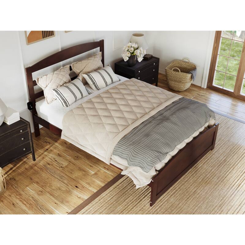 Full Platform Bed - Walnut Finish, USB Charger, Modern Design, Solid Wood Frame, Easy Assembly