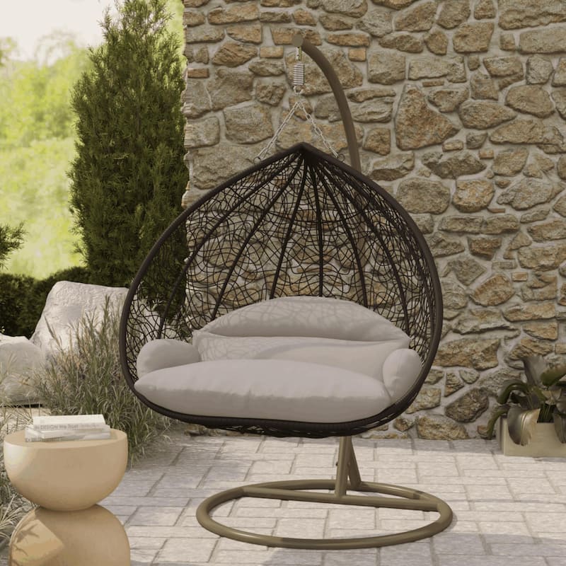 2-Person Egg Swing Chair in Brown Stainless Steel 2-Seater Porch Swing with Stand for Outdoor and Indoor - 77.95" Height