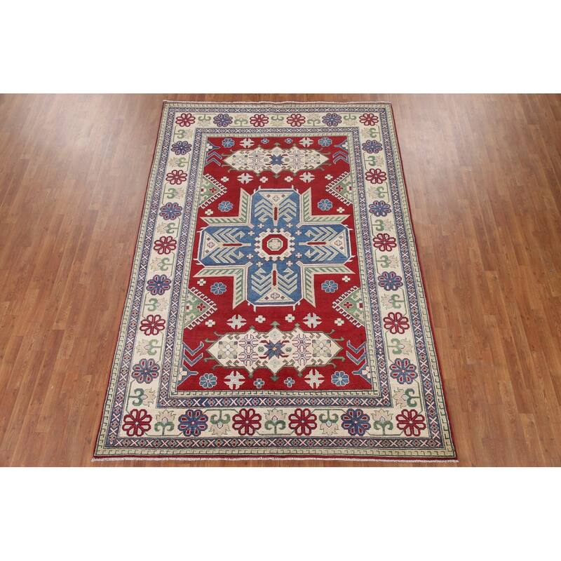 Hand Knotted Oriental 100% Wool Carpet Traditional Geometric Red Kazak Area Rug - 9' 10'' X 6' 9''