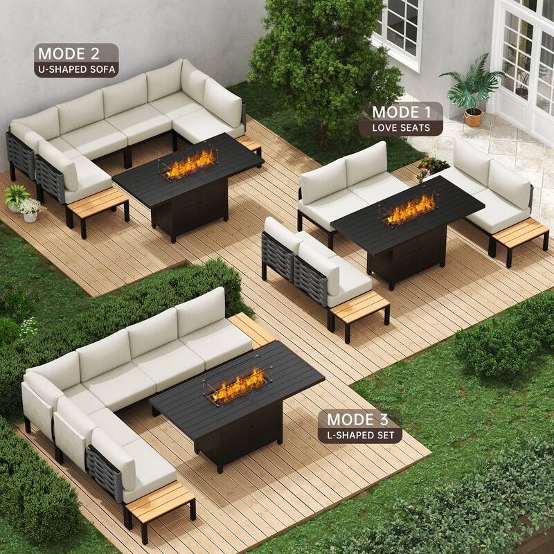 9 Pieces Outdoor Patio Furniture Set with Aluminum Fire Pit Table, Patio Fire Pit Set with 6" Thick Cushions - 9-Piece