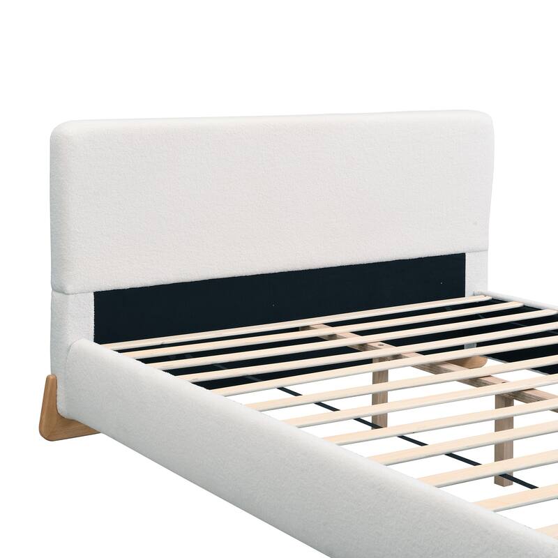 Roomfitters King Boucle Upholstered Bed Frame with Wood Legs, White