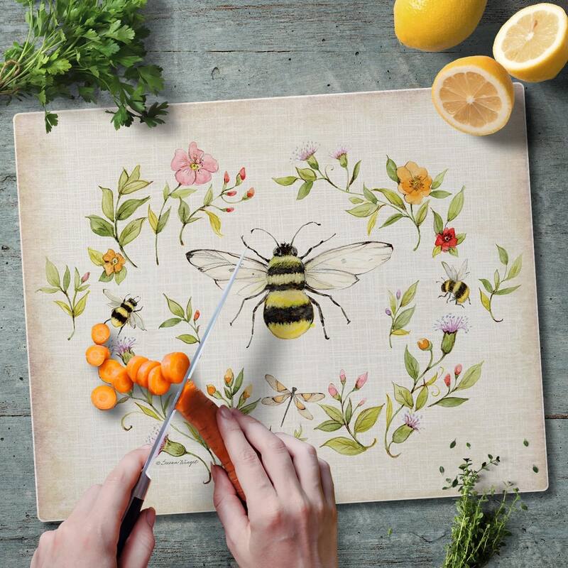 Bee Wreath 3mm Heat Tolerant Tempered Glass Cutting Board 15” x 12” Manufactured in the USA Dishwasher Safe