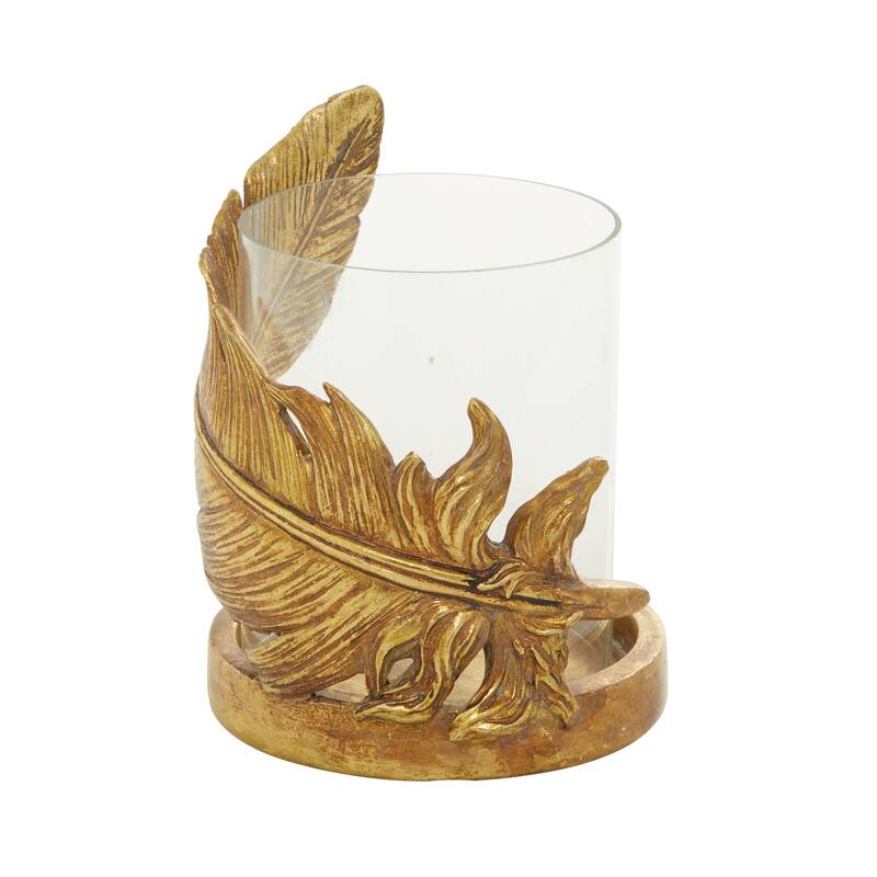 Gold Glass Feather Pillar Bird Hurricane Lamp - 5 x 5 x 8