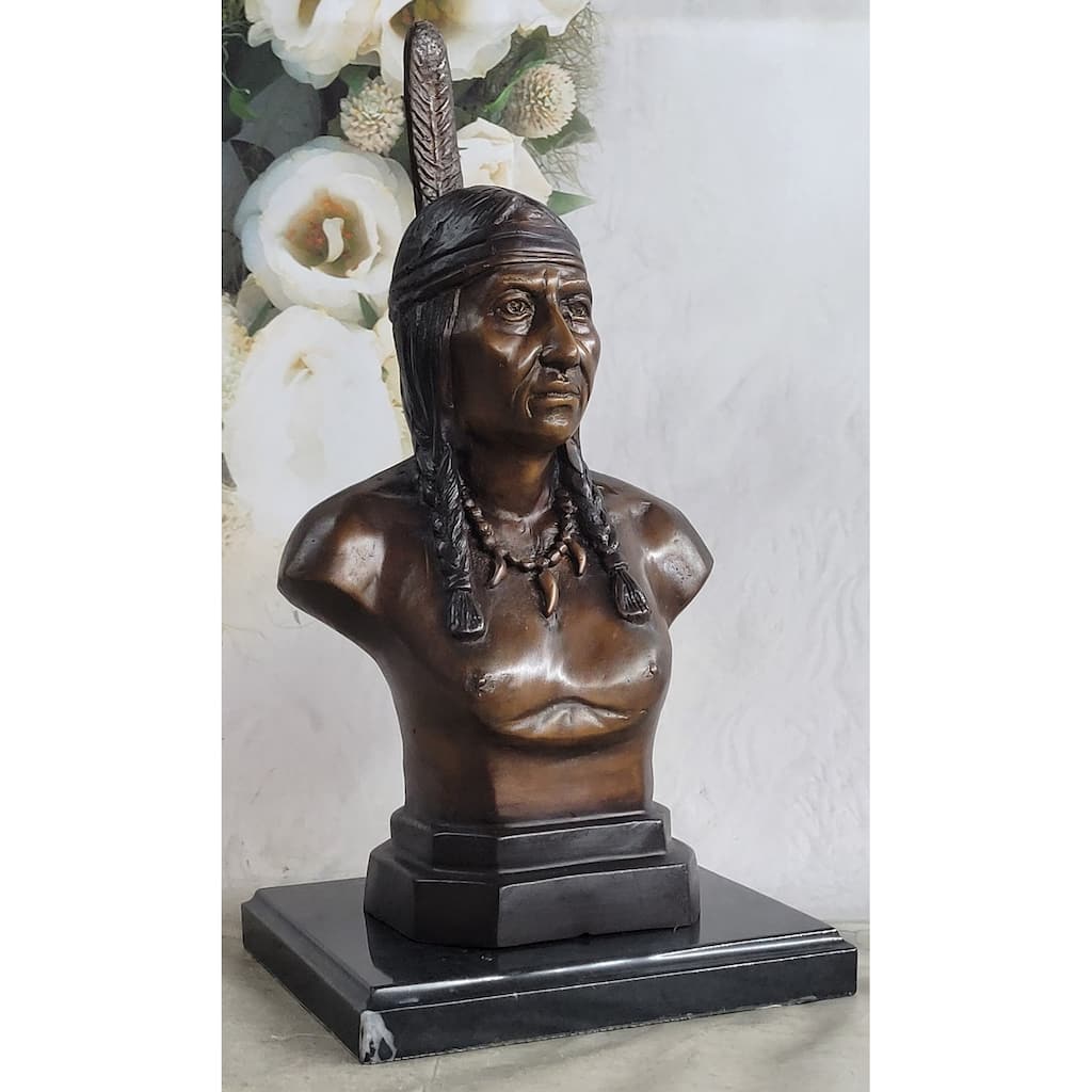 Native American Indian Man Bronze Bust Statue Sculpture Decor 14 Inches X 7 Inches