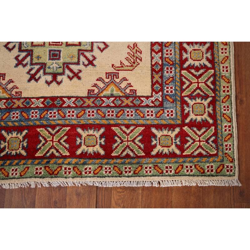 Geometric Beige Kazak Accent Rug Hand-Knotted Wool Carpet - 3'3" x 5'1"