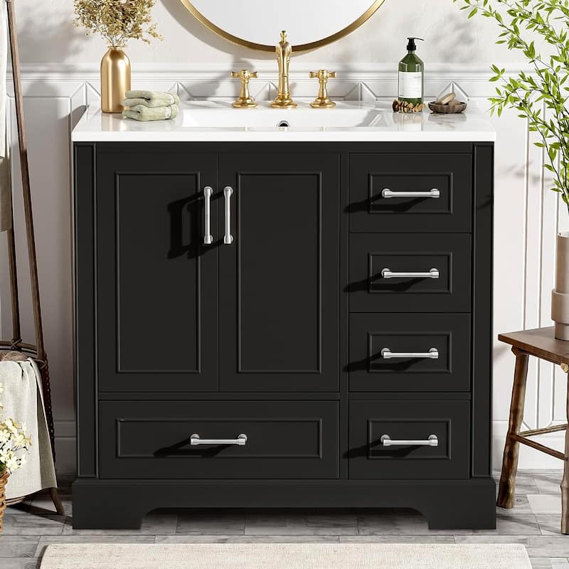 36" Traditional Bathroom Vanity with Ceramics Sink and 4 Drawers - Black