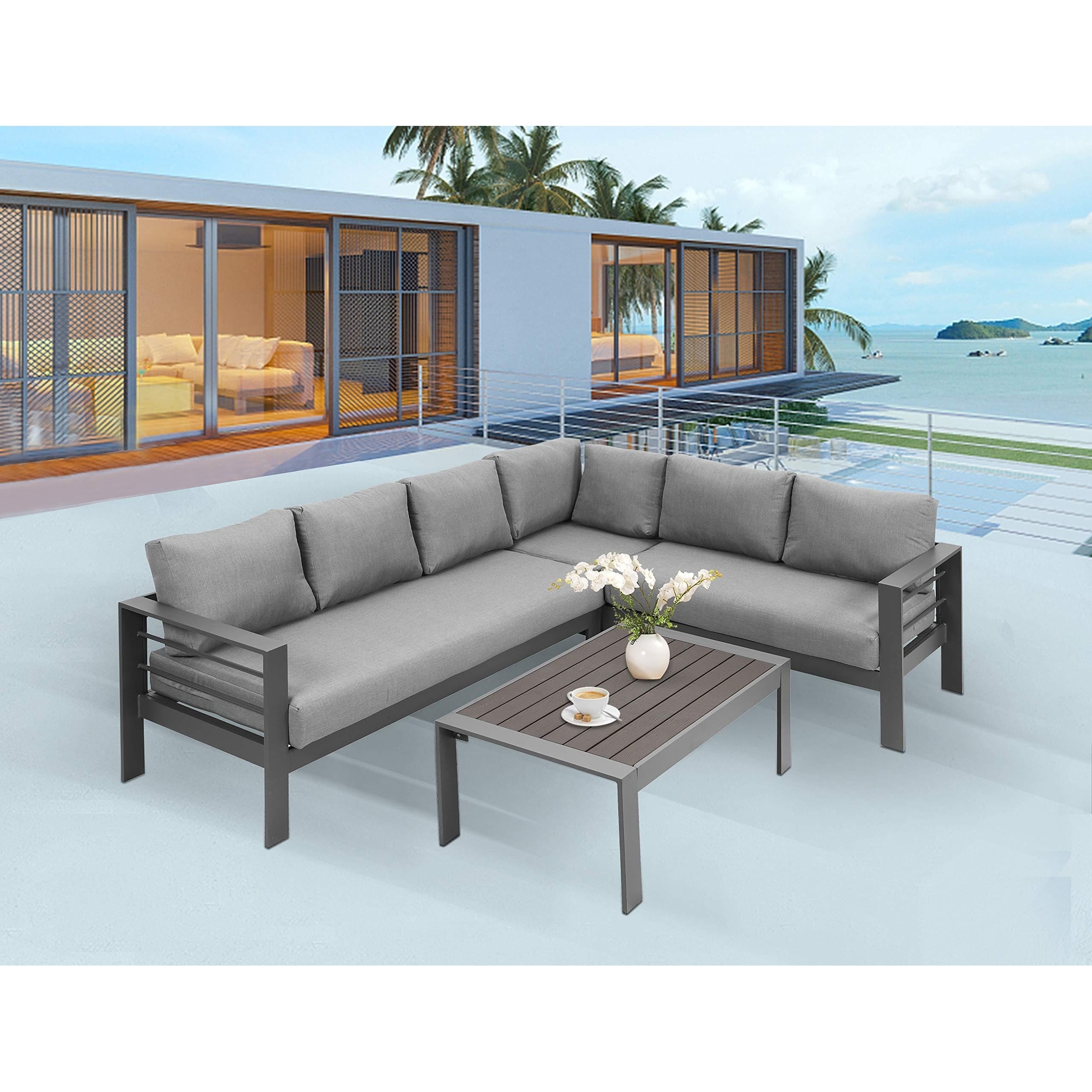 3-Pieces Outdoor All-Weather Grey Aluminum Sectional Sofa