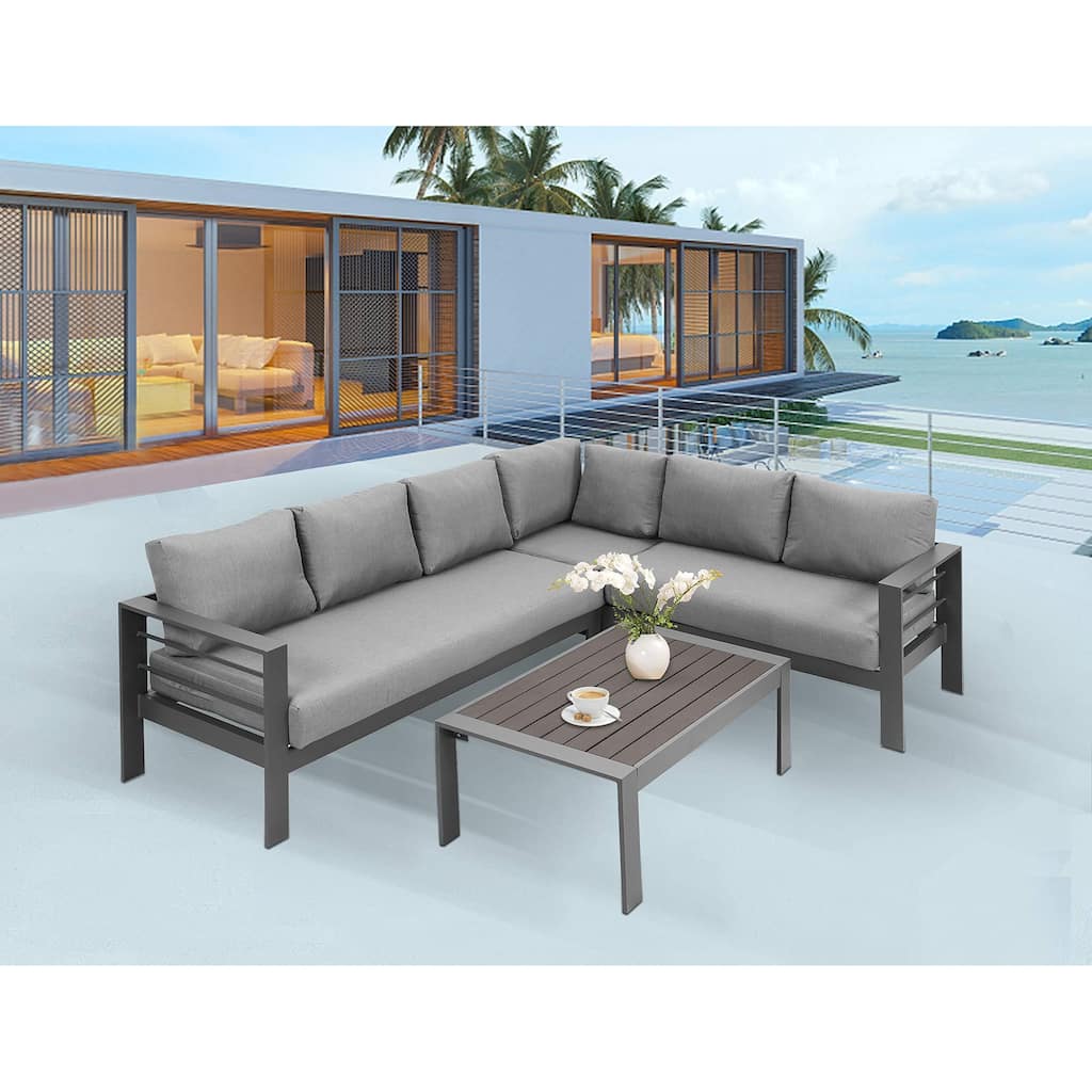 3-Pieces Outdoor All-Weather Grey Aluminum Sectional Sofa Conversation Set Corner Sofas with Dark Grey Cushions