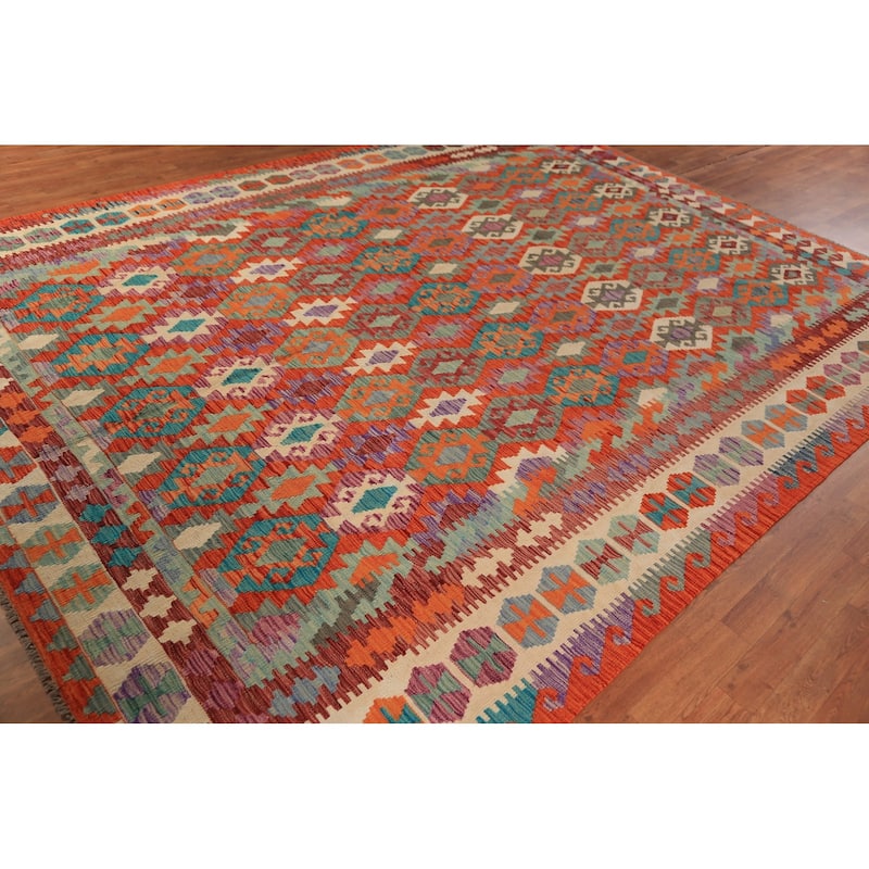 All-Over Geometric Kilim Area Rug Hand-Woven Wool Carpet - 8'7"x 11'4"