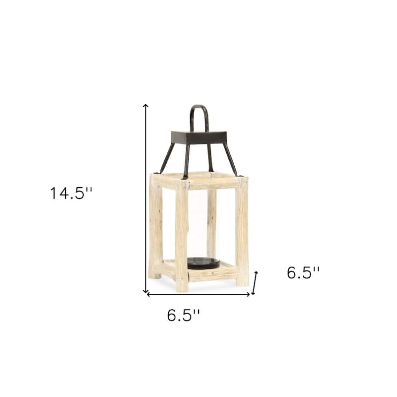 15" Natural And Black Glass Metal And Wood Tabletop Lantern Candle Holder - Small