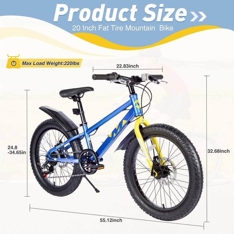 20 Inch Kids Bicycles Fat Tire Mountain Bike, Kids Beach & Snow Bicycle with Dual-Disc Brake & Shimano 7-Speed for Boys & Girls