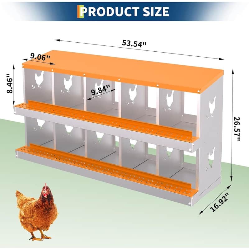 10 Compartment Metal Chicken Nesting Box, Laying Box for Hens Ducks Rabbits, Orange