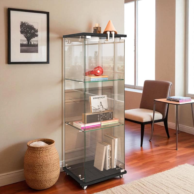 Glass Display Cabinet with Doors & Locks, Acrylic Shelves, Floor Standing Storage Showcase for Home or Office
