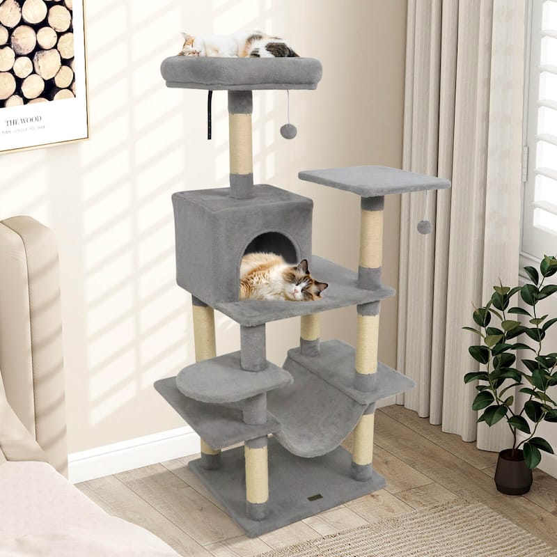 Costway 58” Tall Multi-level Cat Tree with Upholstered Perch & Cat - See Details - Light Gray