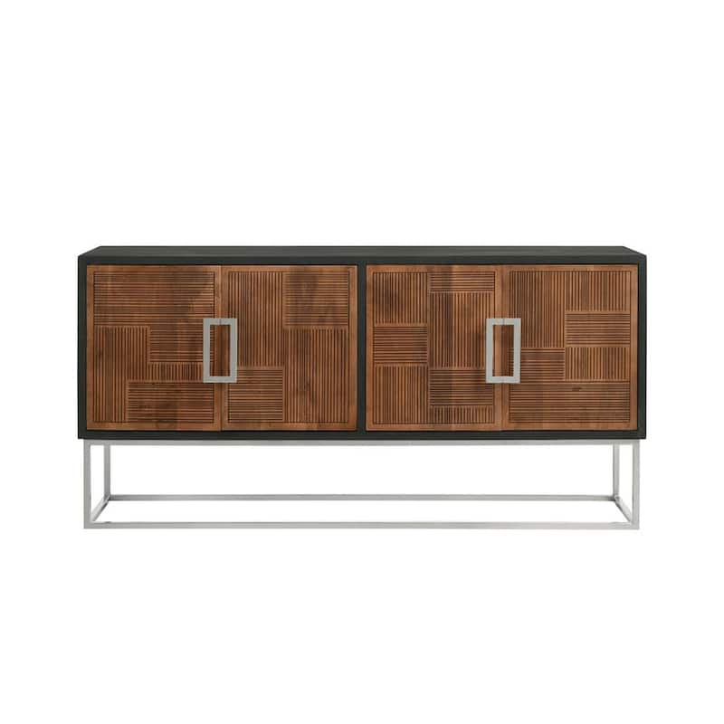 4 Doors Wood Bar Cabinet with Metal Bar Handle in Walnut and Black - Walnut and Black
