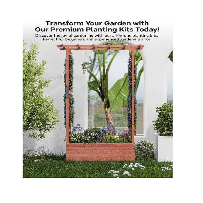 43x17x72Inch Elevated Wooden Garden Bed with Trellis and Hanging Roof Wood Planter Box 4 Drainage Holes